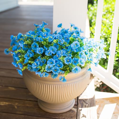 HyeFlora Artificial Fake Outdoor Flowers Plants for Spring Summer Decor, 12 Bundles Outside Silk Blue Morning Glory UV Resistant Look Real Faux Flowers for Front Door Patio Porch Yard Window Balcony - color: Blue