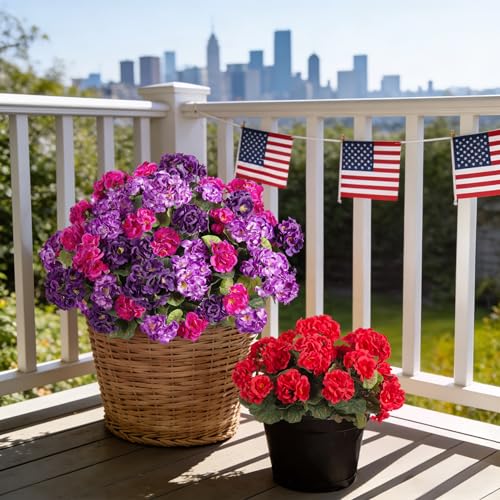 Ammyoo Artificial Geranium Flowers for Outdoors Decoration, 6 Pcs Fake Silk Geraniums Flower UV Resistant Look Real Faux Plants for Spring Garden Porch Planter Yard Table Centerpieces Decor - color: A-purple Deep Purple Purple-red