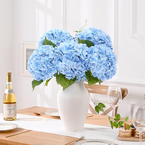 Waipfaru 21" Real Touch Blue Hydrangea Artificial Flowers with Long Stem & Leaves, Full Latex Faux Hydrangea Flowers for Home Decor Party Floral Arrangements Wedding Bouquets Centerpieces, 5Pcs - color: Blue, size: 5pcs