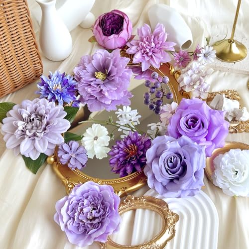 Dusty Purple Artificial Flowers Combo Box Set Silk Dahlia Roses with Stems Lilac Lavender DIY Bridal Wedding Bouquets Cake Top Fake Floral Arrangements Baby Shower Party Table Centerpieces Home Decor - color: Purple, Lilac