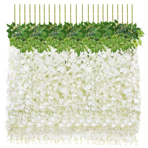 24 PCS Wisteria Hanging Flowers, 3.6ft Fake Wisteria Vines Artificial Wisteria Garland Silk Flower String for Wedding Arch Garden Party Home Ceiling Wall Backdrop Tent Decoration (White) - color: White, size: 24 Pack