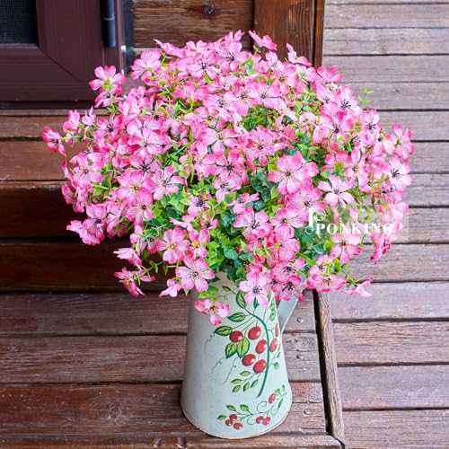 Artificial Flowers for Outdoors Patio Decoration 12 Bundles Fake Flower Cherry Blossom UV Resistant Faux Plants Yard Garden Porch Home Boxwood Planter Patio Mothers Day Decor, Deep Pink Flower - color: D Deep Pink Cherry Blossom 12pcs