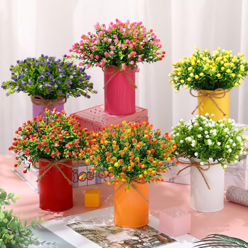 Maxdot 6 Pcs Flower Centerpiece for Table Summer Artificial Berry Flowers with Metal Vase Colorful Potted Faux Milan Floral Arrangement Spring Summer Table Decor for Home Wedding Dining Room Kitchen - color: Retro