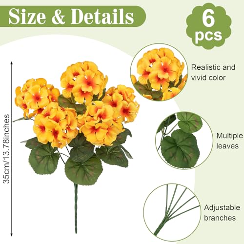 Roberly 6 Pcs Artificial Flowers for Outdoors, Yellow Fake Geranium Flowers UV Resistant Realistic Silk Faux Plants for Spring Summer Front Door Yard Window Box Indoor Home Decor - color: Yellow
