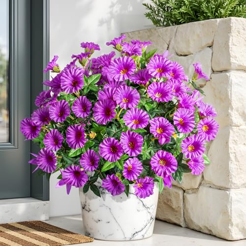 Purple Artificial Morning Glory Flowers for Outdoor Planters, Premium UV Resistant Silk Faux Flowers for Porch, Hanging Basket & Window Box, Cottage Garden Decor, No Pot, 13.3 Inch, 8 Bundles - color: Dark Purple 8pcs