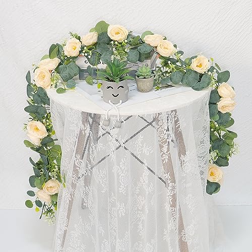 TOCHGREEN 4 Pack 24Ft Artificial Eucalyptus Flower Garland with Champagne Roses, Fake Rose Flower Greenery Garland Floral Vines for Wedding Home Party Table Runner Decor (4PCS, Champagne) - color: Champagne, size: 4PCS