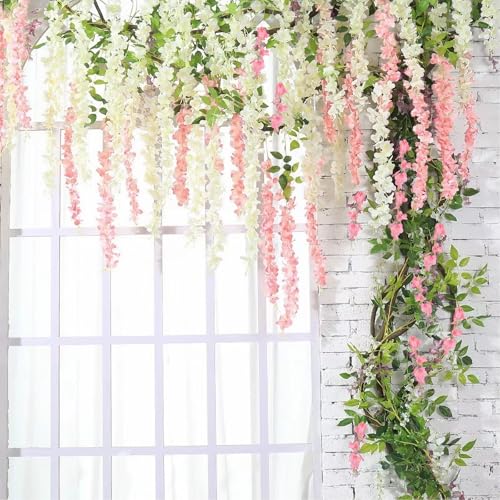 24Pcs Artificial Wisteria Hanging Flowers, 3.6Ft/Pcs White & Pink Fake Wisteria Garland for Wedding Party Home Garden Indoor Outdoor Decoration - color: White & Pink, size: 24Pcs