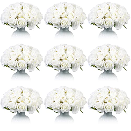 Jexine 120 Pcs Artificial Rose Flowers Bouquet Bulk Silk Realistic Fake Flowers for Wedding Anniversary Bridal Bouquet DIY Floral Arrangement Romantic Home Decor Gifts(White) - color: White