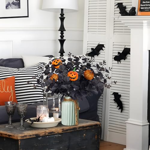 Yen Jean 12PCS Black Halloween Pumpkin Decorations Indoor Artificial Fake Flowers: Eucalyptus Branches Stems Table Centerpieces Decor - style: halloween with pumpkin