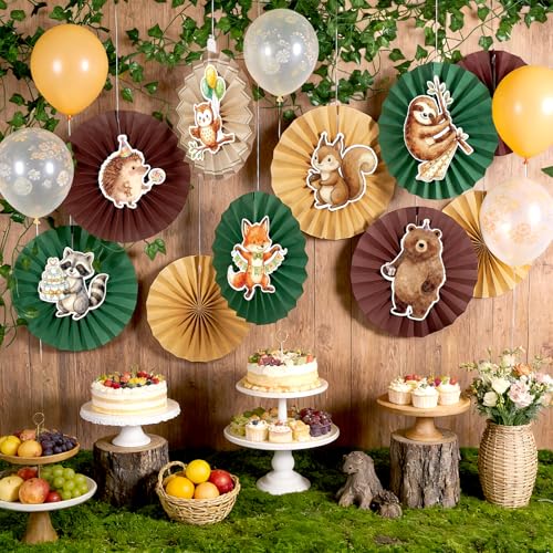 Easy Joy Woodland Baby Shower Decorations Brown Green Hanging Paper Fans Animal Birhday Decorations for Wall Cute Animal Classroom Hanging Folding Fan Forest Themed Jungle Safari Birthday Party Decor - color: Brown and Green