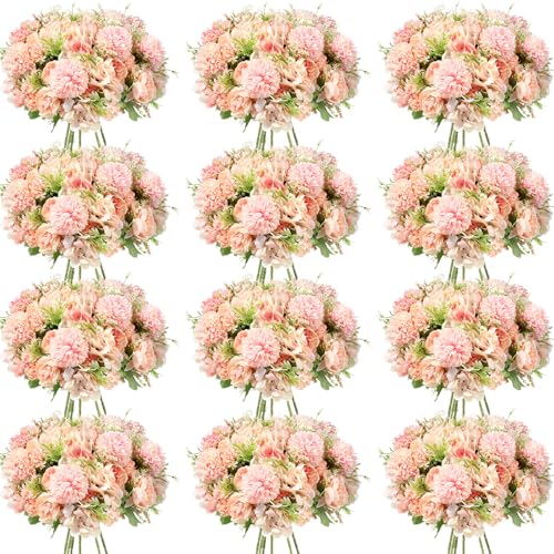 Tigeen Artificial Flowers Artificial Peonies Silk Flowers Faux Peony Fake Peony Silk Hydrangea Bouquet for Wedding Table Centerpiece Floral Vase Decor(Light Pink,12 Bundles) - color: Light Pink