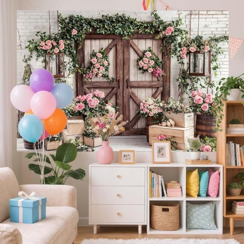 5x4ft Country Wedding Photography Backdrop Floral Rustic Roses Farmhouse Wooden Door Backdrop Pink Flower Birthday Baby Shower Wedding Bridal Party Banner Photo Booth Props Anniversary Background - color: Multi4, size: 5X4FT
