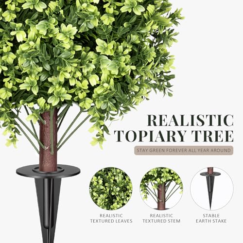 2 Pack 26 Inch Artificial Boxwood Topiary Ball Trees with Ground Spikes, UV Resistant Fake Outdoor Plants for Front Door Porch Patio Garden, Faux Boxwood Shrubs for Entryway Home Decor - color: Boxwood Topiary Ball Trees Bright Green 26