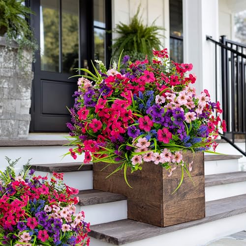 AXYLEX Artificial Flowers Outdoor Shrubs - 16 Bundles Fake Plants UV Resistant No Fade Faux Plastic Greenery Home Garden Porch Patio Decoration Office Indoor (1, Multi-16pcs) - color: 16 Pcs - Pink+purple+red Pink+lavander