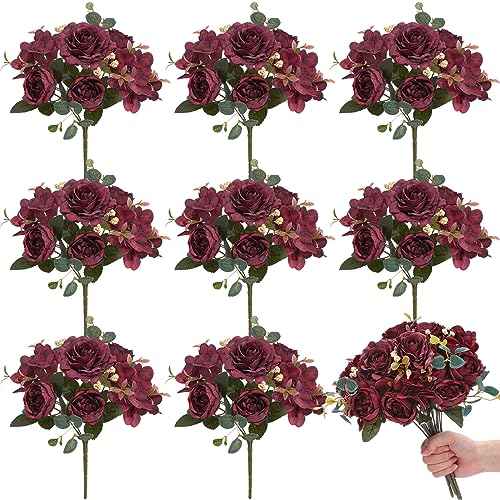 Yunsailing 8 Packs Artificial Peony Flowers Faux Silk Hydrangea Bouquet Vintage Wedding Home Table for Door Decor Reusable Bouquet of Rose Flowers for Valentine Wedding Birthday Party(Burgundy) - color: Burgundy, style: Hydrangea
