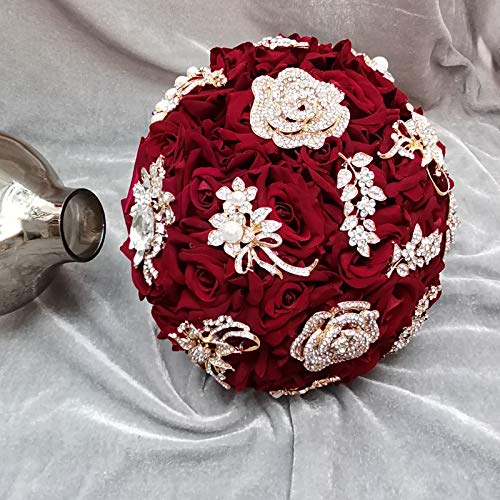 YIFU Wedding Bride Water Drop Wine Red Bouquet Navy Blue Luxury Jewelry Proposal Bridesmaid Groom Bride Flower Wedding Bouquet - color: Wine Red Ball Bouquet