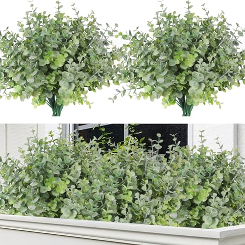RECUTMS 8 Bundles Artificial Greenery Plants Stems Outdoor Fake Eucalyptus Plant Boxwood Bushes for Summer Spring Farmhouse Office Vase Centerpiece Indoor Wedding Graduation Decoration(Dusty Green) - color: Dusty Green, size: 8 Pcs