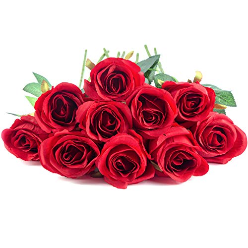 10pcs Artificial Rose Flowers Long Stem Fake Silk Roses for DIY Wedding Bouquet Table Centerpiece Home Decor,Red - color: Red