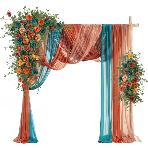 Wedding Arch Flowers with Drapes Kit (Pack of 5) - 2pcs Artificial Teal Orange Fall Deluxe Swag with 3pcs Sheer Drapes for Wedding Ceremony Arbor Reception Backdrop Rose Floral Decoration - color: Dark Teal & Burnt Orange
