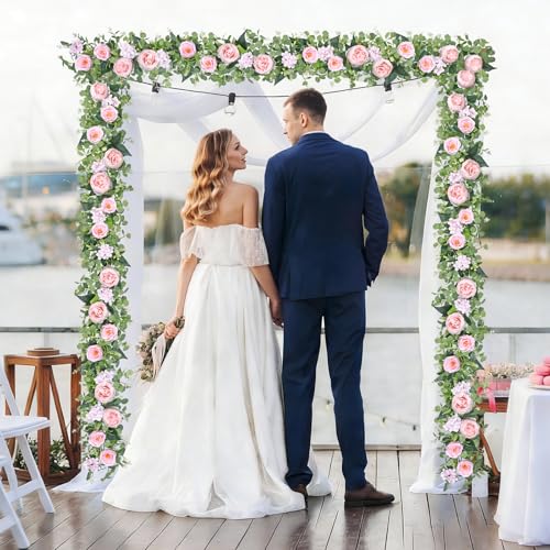 Betylifoy 2 Pack 6.2Ft Pink Flower Garland Artificial Eucalyptus Flower Garlands Fake Peony Rose Floral Vines Silk Hydrangea Hanging Vine Greenery Garland for Wedding Party Table Wall Backdrop Decor - color: Pink