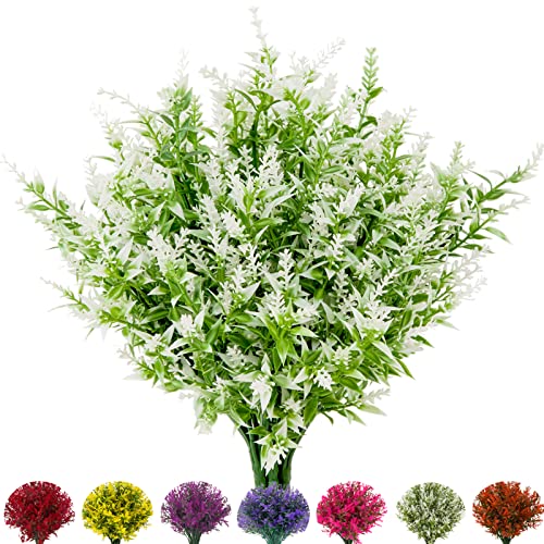 Outdoor Artificial Lavender Fake Flowers - 20 Bundles UV Resistant Outdoor Faux Plastic Flowers Plants Greenery Shrub for Indoor Outside Decoration(White) - color: White, size: 20 Bundles