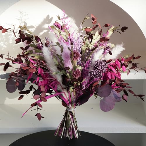 Magenta & Plum Purple Dried Flower Bouquet, Boho Burgundy Preserved Floral Arrangement with Pampas Grass & Eucalyptus, Long-Lasting Berry Tone Dried Flowers for Home Decor, Wedding & Fall Décor - color: Magenta & Plum Dried Flower Bouquet