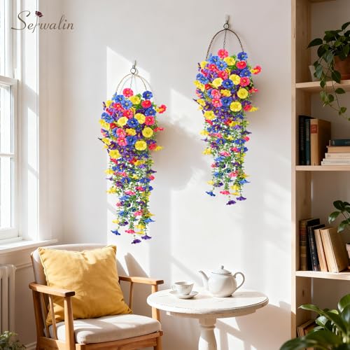 Serwalin Artificial Hanging Flowers for Outdoors UV Resistant, 4PCS Faux Morning Glory Fake Outdoor Flowers Realistic Silk Flower Faux Plants for Outside Planter Front Door Porch Patio Yard Decor - color: Purple, Yellow, Blue& Hot Pink