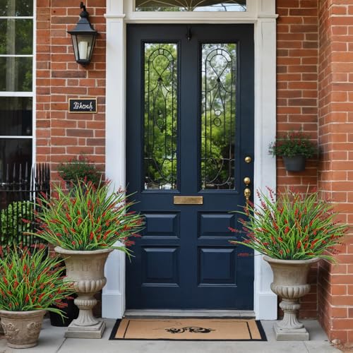 24 Bundles Artificial Plants Flowers Outdoor, Faux Lavender Flowers Fake Monkey Grass UV Resistant Plastic Plant for Porch Garden Patio Window Home Decor, Red - color: Red
