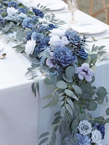 MISSPIN 9FT Eucalyptus and Willow Leaf Garland,Artificial Flowers Fake Flower Peony Rose Vine Greenery Decorative Wall Hanging Plant for Wedding Arch Door Arrangement Party Decor - color: Dusty Blue & Navy