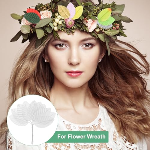 M METERXITY 100-Pack Artificial Silk Leaf, Faux Wire Single Leaves, Fake Flower Leaf with Stem for DIY Bouquet/Wreaths/Wedding/Garland/Party Decorations, Fake Rose Craft Leaves [White] - color: White