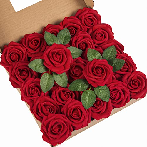 DuHouse 25Pcs Artificial Roses Flowers Fake Roses with Stems Real Touch Foam Flowers for DIY Wedding Bouquet Party Centerpiece Floral Arrangement Party Home Decor(Dark Red) - color: Dark Red, size: 25pcs