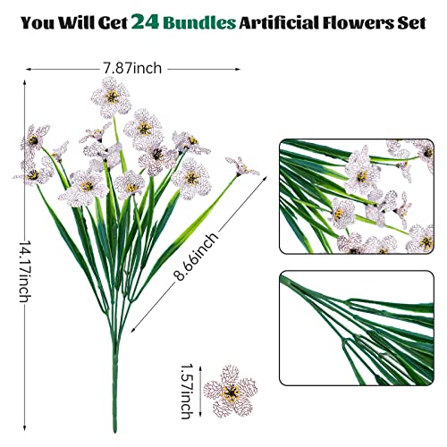 Lnoicy 24 Pcs Artificial Flowers for Outdoor,Plastic Flowers Decoration, UV Resistant Faux Flowers Shrubs, Artificial Plants for Indoor Outside Garden Home Wedding Farmhouse(White) - color: White, size: 24