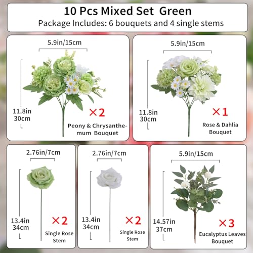 10 Pcs Mixed Artificial Flowers Set, Artificial Peony Bouquet Fake Rose Flower Silk Floral Arrangements for Table Centerpiece Home Wedding Party Bridal Vase Decoration(Green, 6 Bouquets & 4 Stems) - color: Green, size: Mixed 10pcs