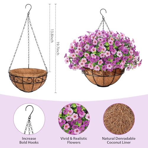 Artificial Fake Hanging Flowers Plants Basket Outdoors, Faux Silk UV Resistant Look Real Daisy Eucalyptus for Spring Summer Garden Porch Home Patio Balcony Yard Decorations, Pink Purple - color: Purple and Pink