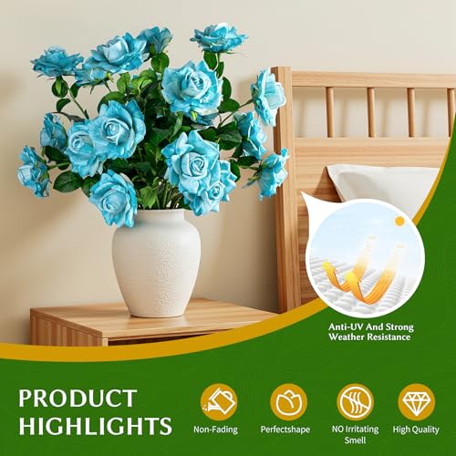 Artificial Flowers 23.2In Artificial Roses 20PCS Fake Roses Long Stem Artificial Flowers for Tall Vase Silk Rose Spring Suitable for Indoor Wedding Party Decor Valentine's Day DIY Bouquet,Blue - color: Blue