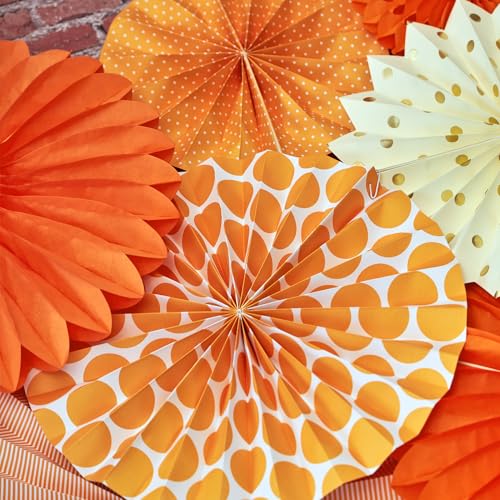 SUNBEAUTY Pack of 7 Hanging Paper Fans Collection Orange Paper Fans Home Party Photo Backdrop Decorations - color: Wd-orange