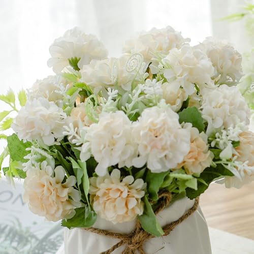 TKAS Fake Flowers Arrangement in Ceramic Vase, Artificial Faux Silk Hydrangea, Small Realistic Dried-Style Floral, Dining Table Centerpiece for Wedding Party Home Decoration (White) - color: White