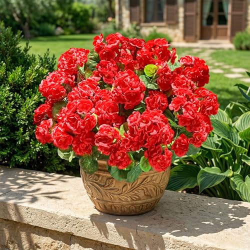 Fake Geraniums Artificial Flowers for Outdoors Outside, 6 Bundles Red Silk Geraniums Fake Flowers Plants Realistic UV Resistant Faux Flowers for Outdoor Planters Garden Balcony Yard Porch Indoor Decor - color: Red