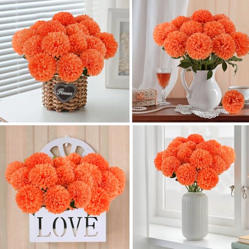 Hananona 12 Pcs Artificial Chrysanthemums Flowers Marigolds Ball Flower, Orange Fake Mums Silk Fall Flowers for Autumn Dia de Los Muertos Home Decor Day of The Dead Table Centerpiece (12, Orange) - color: Orange