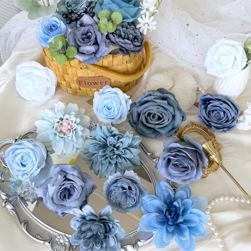 Dusty Blue Artificial Flowers Combo Box Silk Roses Dahlia DIY Cake Flowers Bridal Wedding Bouquets Navy Royal Blue White Fake Floral Arrangements Baby Shower Party Table Centerpieces Home Decor Bulks - color: Dusty Blue, White, Navy