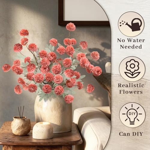 INQCMY Artificial Flowers 12 Pcs Fake Chrysanthemums Orange Faux Kiku Flower Long Stem 20" Realistic Silk Pompon Fall Mums for Vase Wedding Bouquets Centerpieces Home Decor - color: Deep Orange