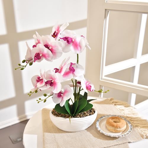 19" H Phalaenopsis Faux Orchid Plant Silk Orchid Centerpiece Artificial Floral Arrangement in Ceramic Pot (White and Pink) - color: White and Pink