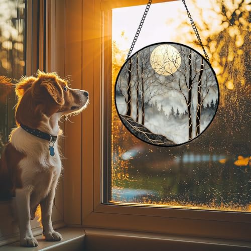 Stained Glass Window Hanging - Grey Moon Forest Sun Catcher for Door Home Decor Suncatcher Christmas Mother's Day Birthday Gifts for Women Men Lovers Mom Nana 7.8 in - color: Black Gold, size: 7.8x7.8 IN