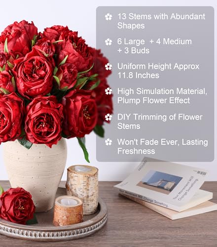 florisso Bright Red Austin Rose Faux Flowers - 13 Branches Silk Austin Roses for Wedding Floral, Table Decor & DIY Bouquets (Silk Faux Flowers) - color: Austin-red