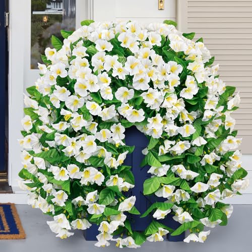 Artificial Hanging Flowers for Outdoors, 2 Pack White Silk Morning Glory Fake Flowers UV Resistant Faux Petunias Hanging Artificial Plants Trailing Vines for Home Garden Spring Summer Planter Decor - color: White