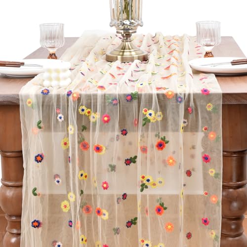 Joanlody 3pcs Champagne Summer Flower Table Runner 10ft Embroidery Daisy Floral Seasonal Tulle Table Runner for Home Garden Tea Party Holiday Birthday Decoration - color: Champagne, size: 10ft x 3pack