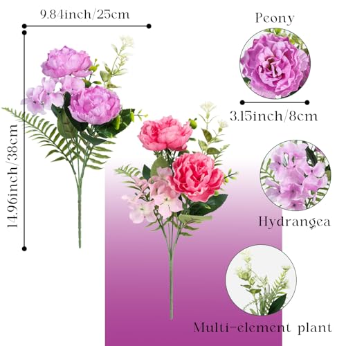 6 Bundles Peonies Artificial Flowers for Outdoors UV Resistant Faux Peony with Hydrangea Fake Flowers Silk Flowers for Outside Front Porch Garden Window Box Planters Decor (Pink, Purple) - color: Pink, Purple