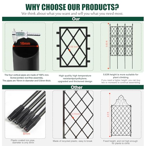 WellSign Garden Trellis for Climbing Plants Outdoor 5.25 FT, Iron Pipe Metal Support Wall Tall Plant Trellis Lattice Fence Plant Support with Garden Twist Tie for Ivy Vines Rose - color: Black