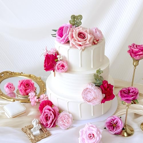 Fuschia Silk Artificial Flowers Combo Box Set Hot Pink Roses Flowers Dahlia DIY Bridal Wedding Bouquets Cake Fake Floral with Stems Arrangements Baby Shower Party Table Centerpieces Home Decor - color: Hot Pink, Fuchsia