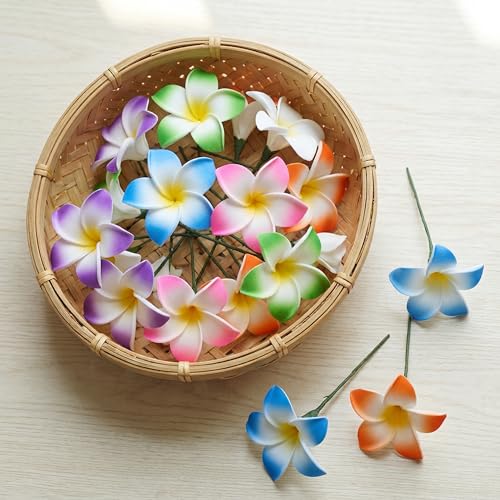 Tigeen 30 Pcs Hawaiian Plumeria Frangipani Artificial Flowers Fake Tropical Flowers with Stems for DIY Birthday Gifts Wedding Home Hawaiian Party Decor Table Centerpiece (Multicolored) - color: Multicolored